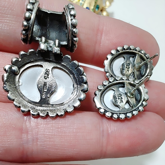 Vintage Sterling Silver SET Faux Pearl Slider Pendant and Post back Earrings - Picture 7 of 9